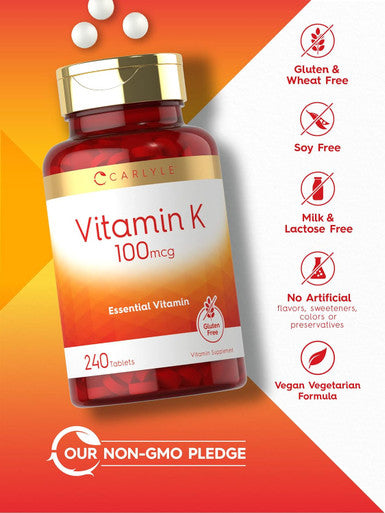 Carlyle Vitamin K 100 mcg | 240 Tablets | Vegetarian Non-GMO Gluten | Vitamin K Supplement
