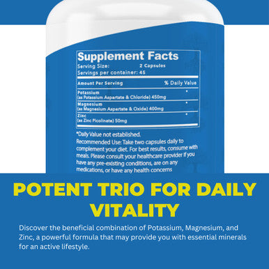Life Strength Magnesium Potassium Supplements + Zinc 90 Capsules For Vascular Health - High Absorption Vegan, Natural Ingredients Supplement For Leg Cramps And Sleep