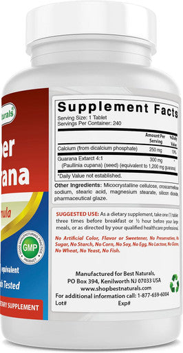 Best Naturals Guarana 1200 mg 180 Tablets (180 Count (Pack of 3))