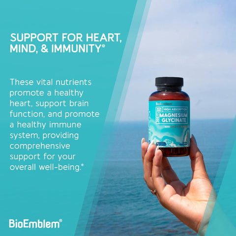 BioEmblem Magnesium Glycinate with Zinc 300mg Chelated Magnesium Supplement High Absorption Vegan NonGMO 2in1 Complex Immune Support Muscles Nerves 90 Capsules