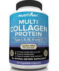 Nutrivein Multi Collagen Pills 2250mg - 180 Collagen Capsules - Type I, II, III, V, X - Anti-Aging, Healthy Joints, Hair, Skin, Bones, Nails, Hydrolyzed Protein Collagen Peptides for Woman and Men