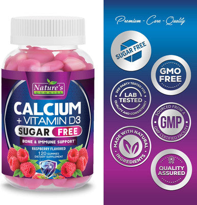 Nature'S Nutrition Sugar Calcium Gummy Bites Plus 400 IU Vitamin D3 Bone Health & Immune Support Supports Bone Strength - Chewable Calcium Nutrition Supplement Non-GMO Berry Flavor Chews - 120 Gummies