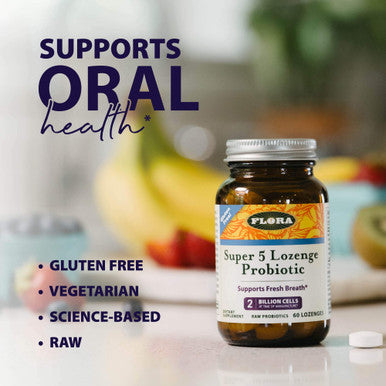 Flora Super 5 Lozenge Probiotic Raspberry Flavored Oral Probiotic Good for Bad Breath Five Strains with 2 Billion CFU Regain and Retain Gut Health RAW 60 Lozenges