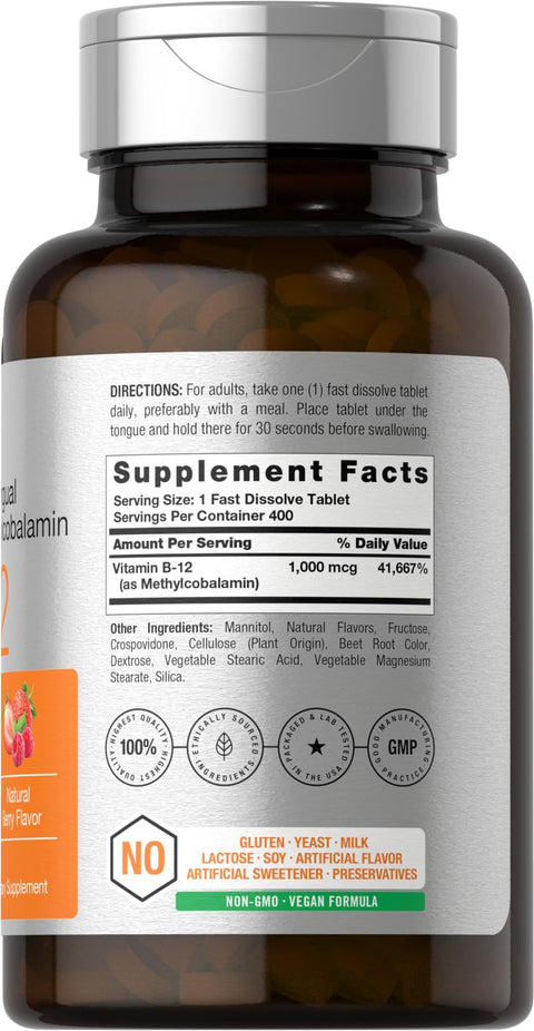 Horbaach Vitamin B12 1000 mcg Sublingual 400 Fast Dissolve Tablets Methylcobalamin Supplement for Women and Men Berry Flavor Vegan NonGMO and Gluten Free