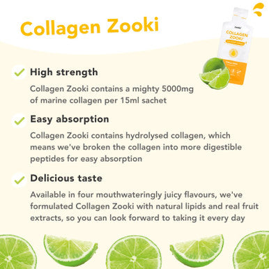 Zooki 5000mg Marine Collagen Liquid Sachets | Hydrolysed Marine Collagen Peptides | Support Skin Hair Nails Joints Bones & Muscles | (Citrus Lime Flavour 14 Servings)