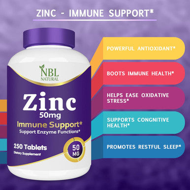 Nbl Natural NBL NATURAL Zinc Gluconate 50mg Supports Wellness Immune System and Reproductive Health 250 Tablets