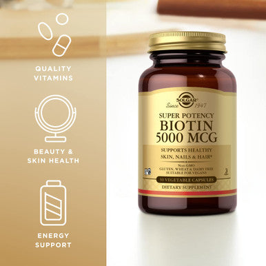 Solgar Biotin 5000 Mcg - 50 Vegetable Capsules Pack Of 2 - Supports Healthy Skin Nails & Hair - Non-Gmo Vegan Gluten Free Dairy Free Kosher - 100 Total Servings