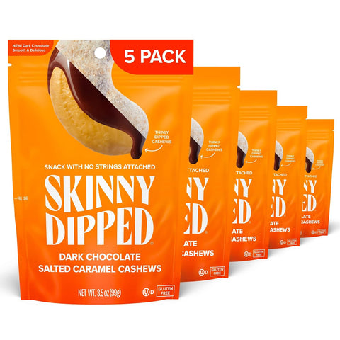 SkinnyDipped Salted Caramel Cashews, Healthy Snack, Plant Protein, Gluten Free, 3.5oz Resealable Bags, Pack of 5