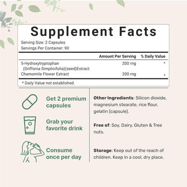 Micro Ingredients 5-HTP 200mg with Chamomile Flower Extract 180 Capsules 2 in 1 Formula 98% Griffonia Seed Extract Enhanced with Chamomile | Highly Bioavailable for Mood Sleep & Relaxation