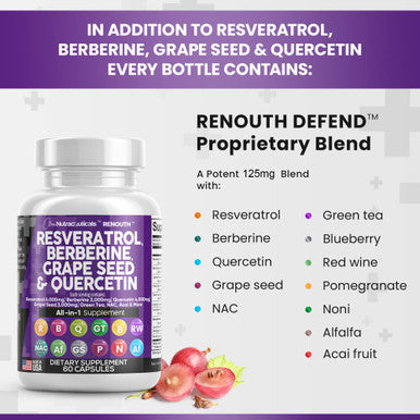 Resveratrol Berberine Grape Seed Quercetin Polyphenol Supplement 60 ct