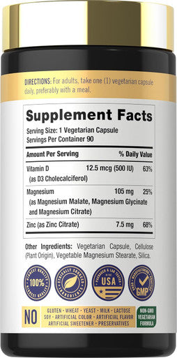 Carlyle Magnesium Zinc And Vitamin D3 90 Capsules 3-In-1 Advanced Formula Vegetarian Non-Gmo And Gluten Free