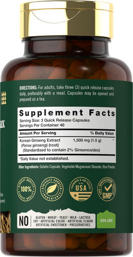 Carlyle Korean Panax Ginseng 1500mg 120 Capsules Non GMO and Gluten Supplement Tahoe Nutritionals