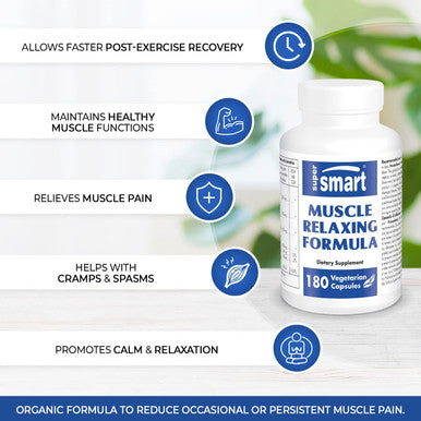Supersmart Muscle Relaxing Formula Natural Organic Supplement with Vitamin E Magnesium Support Healthy Joints Bones Muscles NonGMO Gluten Free 180 Vegetarian Capsules