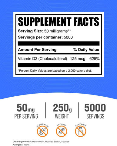 Bulksupplements.Com Vitamin D3 Powder - Cholecalciferol, Vitamin D Supplements, Vitamin D3 5000 Iu - Gluten Free, 50Mg (125Mcg Of Vitamin D3) Per Serving, 250G (8.8 Oz) (Pack Of 1)