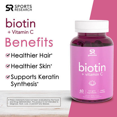 Sports Research Biotin Gummies 5000mcg with Vitamin C Vegan NonGMO Verified 60 Vegan Gummies 2 Month Supply