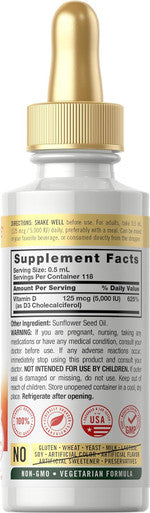 Carlyle Liquid Vitamin D3 | 5000 IU (125 mcg) | 2 oz | Vegetarian Non-GMO and Gluten Supplement | Vitamin D Liquid Drops for Adults