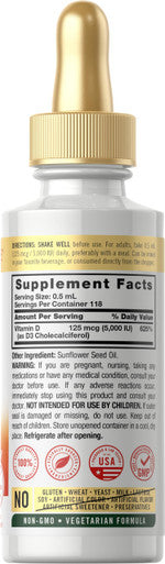 Carlyle Liquid Vitamin D3 | 5000 Iu (125 Mcg) | 2 Oz | Vegetarian, Non-Gmo, And Gluten Free Supplement | Vitamin D Liquid Drops