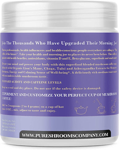 PureShrooms Mushroom Coffee Mix Superfood: Organic Ashwagandha, Tulsi (Holly Basil), Lion's Mane, Chaga