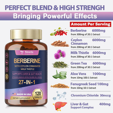 27-In-1 Berberine Supplement With Ceylon Cinnamon, Milk Thistle - Pure Berberine 6000Mg - Berberine Plus For Immune, Better Figure, Liver & Gut Health, Vegan Supplements For Men & Women - 120 Caps