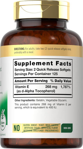 Carlyle Vitamin E 400 IU Softgels | 250 Count | Naturally Sourced | Non-GMO and Gluten