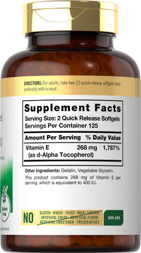 Carlyle Vitamin E 400 Iu | 250 Softgels | Naturally Sourced | Non-Gmo And Gluten Free