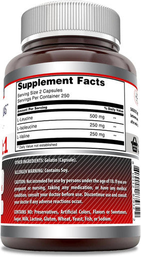 Amazing Nutrition Formulas BCAA 2:1:1 1000 Mg Per Serving | Capsules Supplement | Branched Chain Amino Acids | Made in USA (1 Pack 500 Count)