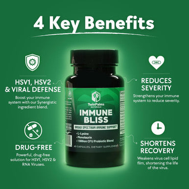 Immune Bliss - Broad Spectrum Daily Wellness Support For Seasonal Sickness L-Lysine Monolaurin Probiotic Prebiotic Blend Provides Natural Defense Vegan Vegetarian Non-Gmo 60 Capsules
