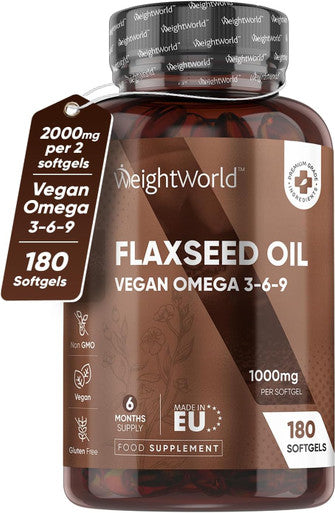 Weightworld Flaxseed Oil Capsules | 2000mg per 2 Softgels | 180 Vegan Omega 3 6 9 softgels High-Strength Alpha Linolenic Acid | Cold-Pressed | Fish Oil Alternative | Essential Fatty Acids Nutritional Supplements