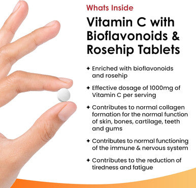 Vitamin C Tablets 1000Mg - Enriched With Bioflavonoids & Rosehip - Premium Vitamin C Supplements - Vegan Vitamin C Tablets High Strength Ascorbic Acid Vit C For Normal Immune System Uk Made
