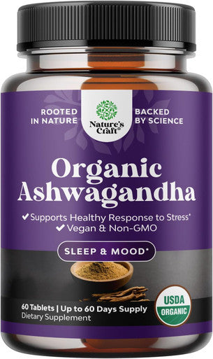 Natures Craft High Strength Organic Ashwagandha Supplements - Calm Mood Support Ashwagandha with Black Pepper for Enhanced Absorption - Vegan and Non-GMO (60 Tablets)