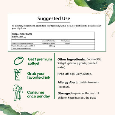 Vitamin D3 K2 Supplement Softgel, 2-In-1 10000 Iu Vit D3 + 200 Mcg Vitamin K2, Of Gmo, Gluten, Soy, Aiding In Calcium Absorption, 300 Pcs (300 Pcs)