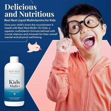 Best Nest Wellness Kids Multi Plus - Brain Health Support Supplement For Kids - Liquid Multivitamin With Methylated Vitamins - Nutritional Supplement Aids Immune Health - Tropical Flavor, 16 Fl Oz