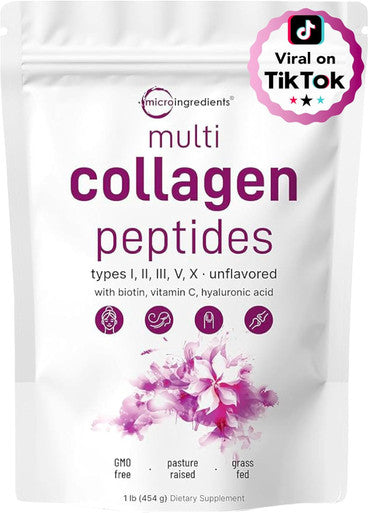 Micro Ingredients Multi Collagen Protein Powder 16oz & Hair Vitamins Complex Capsules Bundle 2 Pack | Grass-Fed Collagen Peptides | 14-in-1 Advanced Hair Growth Support