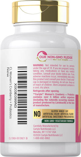 Carlyle Women's Cranberry Plus Probiotics | 120 Capsules | with 14 Probiotic Strains | Vegetarian Non-GMO Gluten Supplement | for Her