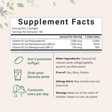 Micro Ingredients Super Vitamin K Complex (K2 MK7 + MK4 & K1), 360 Coconut Oil Softgles | Easily Absorbed K Vitamins, Active Menaquinone Complex | Immune, Joint, & Heart Support | Non-GMO