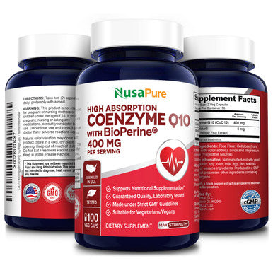 NusaPure 400 mg 100 Veggie Caps (Vegan, Non-GMO & Gluten-Free) Q10 Supplement, Antioxidant COQ-10 Enzyme, Coq 10 - 2 Daily Caps