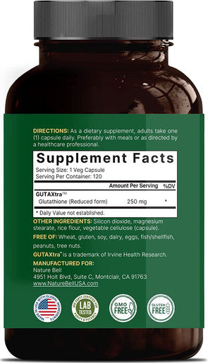 Glutathione Supplement 250mg 120 Veggie Caps 4 Months Supply 98 Purity Verified Bioavailable Form Reduced Glutathione GUTAXtra Third Party Tested NonGMO Gluten by Naturebell