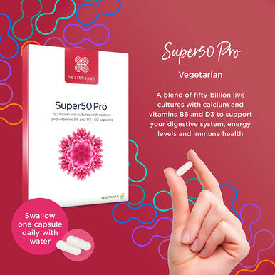 Healthspan Super50 Probiotic | 60 Capsules | Gut Health | with Vitamin D3 | 50 Billion Live Probiotic Cultures | Vitamin B6 | Calcium | Vegetarian