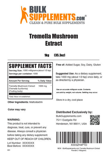 Bulksupplements.Com Tremella Mushroom Extract - Mushroom Supplements, Tremella Mushroom Powder - From Tremella Fuciformis, Gluten Free, 1000Mg Per Serving, 1Kg (2.2 Lbs) (Pack Of 1)