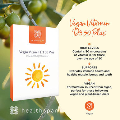 Healthspan Vegan Vitamin D3 50 Plus | 180 Capsules | 50 Micrograms of Vitamin D | Healthy Muscle, Bones & Teeth | Immune Support