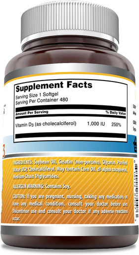 Amazing Nutrition Formulas Vitamin D3 (Cholecalciferol) Supplement | 1000 IU | 480 Softgels | Non-GMO | Gluten- | Made in USA