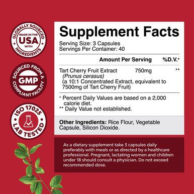 Natures Craft Advanced Tart Cherry Extract Capsules - Extra Strength 750mg Per Serving Equivalent Tart Cherry Capsules Uric Acid Cleanse and Joint Support Supplement - Muscle Recovery Supplement 120 Count