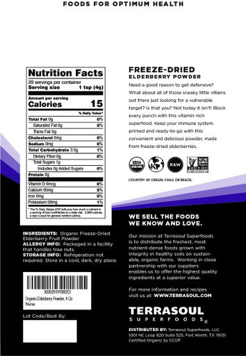 Terrasoul Superfoods Organic Elderberry Powder 4 Oz - ze-Dried
