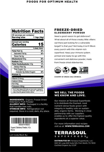 Terrasoul Superfoods Organic Elderberry Powder 4 Oz zeDried Antioxidants Immunity