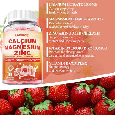 Edmmyliy Calcium Magnesium Zinc Supplement Gummies With Vitamin D3 K2 & B Complex For Women Men 1000Mg Calcium Citrate With Magnesium Gummies For Bone Muscles & Immune Support Sugar Free Vegan