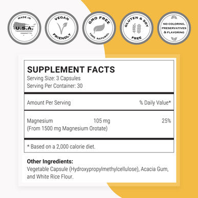 Supersmart Magnesium Orotate 1500 mg Per Day Muscle Relaxer Helps Relieve Stress Non GMO Gluten Free 90 Vegetarian Capsules