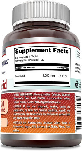 Amazing Nutrition Formulas Folic Acid Supplement | 5000 Mcg | 120 Tablets | Non-GMO | Gluten | Made in USA (2 Pack)