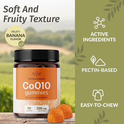 Herbamama Coq10 Gummies - 200Mg Coenzyme Q10 For Antioxidant Support - Vegan Non-Gmo Daily Energy Support Supplement - 90 Pectin-Based Banana-Flavored Chews