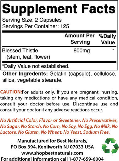 Best Naturals Blessed Thistle Breastfeeding Lactation Capsules - 800mg/Serving - 250 Count