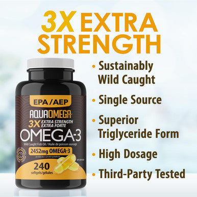 Aquaomega 3X Extra Strength Epa Omega-3 - Wild Caught Omega 3 Fish Oil Capsules With Epa, Dha And Vitamin D - 2452Mg Omega 3 Supplements - 240 Softgels
